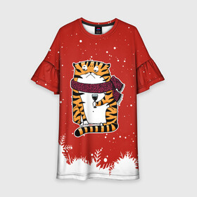 Детское платье 3D с принтом грустный тигр с бокалом вина в Тюмени, 100% полиэстер | прямой силуэт, чуть расширенный к низу. Круглая горловина, на рукавах — воланы | 2022 | год тигра | новый год | новый год 2022 | символ года | тигр | тигренок | тигрица | тигры