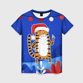 Женская футболка 3D с принтом Тигр   символ 2022 года в Тюмени, 100% полиэфир ( синтетическое хлопкоподобное полотно) | прямой крой, круглый вырез горловины, длина до линии бедер | 2022 | год тигра | новый год | новый год 2022 | символ года | тигр | тигренок | тигрица | тигры