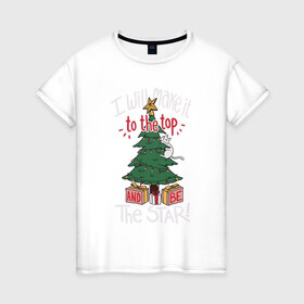 Женская футболка хлопок с принтом Cat on the tree в Тюмени, 100% хлопок | прямой крой, круглый вырез горловины, длина до линии бедер, слегка спущенное плечо | cat | christmas | garland | gifts | holiday | kitty | new year | star | tree | гирлянда | елка | звезда | кот | котик | кошка | новый год | подарки | праздник | рождество