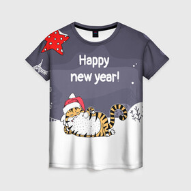 Женская футболка 3D с принтом Happy New Year 2022 Тигр в Тюмени, 100% полиэфир ( синтетическое хлопкоподобное полотно) | прямой крой, круглый вырез горловины, длина до линии бедер | 2022 | год тигра | новый год | новый год 2022 | символ года | тигр | тигренок | тигрица | тигры