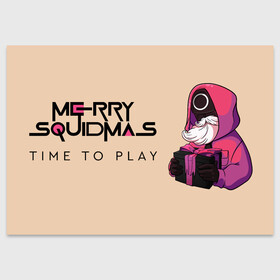 Поздравительная открытка с принтом SG Time to play в Тюмени, 100% бумага | плотность бумаги 280 г/м2, матовая, на обратной стороне линовка и место для марки
 | squid game | дед мороз | игра | игра в кальмара | кальмар | новогодние игры в кальмара | новогодний | новый год | подарок | свитера | сериал | сериал игра в кальмара