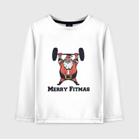 Детский лонгслив хлопок с принтом Merry Fitmas в Тюмени, 100% хлопок | круглый вырез горловины, полуприлегающий силуэт, длина до линии бедер | Тематика изображения на принте: art | barbell | christmas | drawing | fitness | new year | santa | santa claus | sport | арт | новый год | рисунок | рождество | санта | санта клаус | спорт | фитнес | штанга