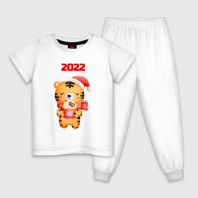 Детская пижама хлопок с принтом Праздничный тигренок 2022 в Тюмени, 100% хлопок |  брюки и футболка прямого кроя, без карманов, на брюках мягкая резинка на поясе и по низу штанин
 | 2022 | год тигра | новый год | новый год 2022 | символ года | тигр | тигренок | тигрица | тигры