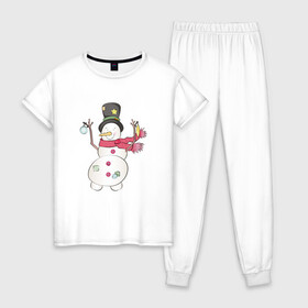 Женская пижама хлопок с принтом Потрепанный снеговик в Тюмени, 100% хлопок | брюки и футболка прямого кроя, без карманов, на брюках мягкая резинка на поясе и по низу штанин | 2022 | новогодний | новый год | рождество | снег | снеговик