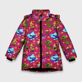 Зимняя куртка для девочек 3D с принтом Brawl stars Pattern в Тюмени, ткань верха — 100% полиэстер; подклад — 100% полиэстер, утеплитель — 100% полиэстер. | длина ниже бедра, удлиненная спинка, воротник стойка и отстегивающийся капюшон. Есть боковые карманы с листочкой на кнопках, утяжки по низу изделия и внутренний карман на молнии. 

Предусмотрены светоотражающий принт на спинке, радужный светоотражающий элемент на пуллере молнии и на резинке для утяжки. | 2022 | brawl | brawl stars | brock | bull | colt | elprimo | jessie | leon | nita | shelly | stars | брок | булл | джесси | кольт | леон | новогоднее | новый год | рождество | шелли | эльпримо