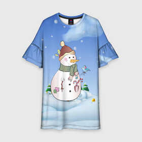 Детское платье 3D с принтом Веселый Снеговичок в Тюмени, 100% полиэстер | прямой силуэт, чуть расширенный к низу. Круглая горловина, на рукавах — воланы | Тематика изображения на принте: 2022 | новогодний | новый год | рождество | снег | снеговик