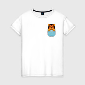 Женская футболка хлопок с принтом Тигренок в кармане в Тюмени, 100% хлопок | прямой крой, круглый вырез горловины, длина до линии бедер, слегка спущенное плечо | 2022 | год тигра | новый год | новый год 2022 | символ года | тигр | тигренок | тигрица | тигры