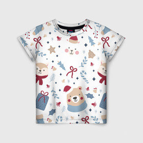 Детская футболка 3D с принтом Забавный Новый Год в Тюмени, 100% гипоаллергенный полиэфир | прямой крой, круглый вырез горловины, длина до линии бедер, чуть спущенное плечо, ткань немного тянется | 2022 | детское | животные | забавный | зверята | лама | медведь | новый год | носки | смешные | узор