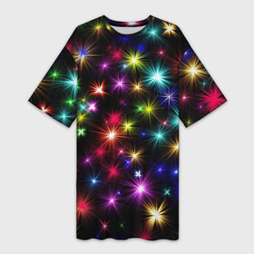 Платье-футболка 3D с принтом ПРАЗДНИЧНЫЕ ОГОНЬКИ в Тюмени,  |  | Тематика изображения на принте: christmas | lights | new year | stars | гирлянда | звезды | зима | новый год | огни | праздник | разноцветные | текстура | яркие