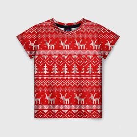 Детская футболка 3D с принтом Новогодний узор с оленями и елкой в Тюмени, 100% гипоаллергенный полиэфир | прямой крой, круглый вырез горловины, длина до линии бедер, чуть спущенное плечо, ткань немного тянется | Тематика изображения на принте: 2021 | 2022 | christmas | merry | merry christmas | new year | snow | sweater | ugly christmas | winter | year of the tiger | год тигра | зима | новогодний | новогодняя | новый год | рождественский | рождественский свитер | рождество | свитер | 