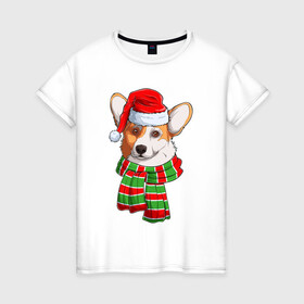 Женская футболка хлопок с принтом Новогодний Вельш корги в Тюмени, 100% хлопок | прямой крой, круглый вырез горловины, длина до линии бедер, слегка спущенное плечо | christmas | corgi | dog | santa | дед мороз | елка | зима | корги | новый год | рождество | санта | снег | снегурочка | снежинка | собака | собачка | щенок