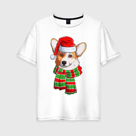 Женская футболка хлопок Oversize с принтом Новогодний Вельш корги в Тюмени, 100% хлопок | свободный крой, круглый ворот, спущенный рукав, длина до линии бедер
 | christmas | corgi | dog | santa | дед мороз | елка | зима | корги | новый год | рождество | санта | снег | снегурочка | снежинка | собака | собачка | щенок