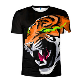 Мужская футболка 3D спортивная с принтом Тигр, с зелеными глазами в Тюмени, 100% полиэстер с улучшенными характеристиками | приталенный силуэт, круглая горловина, широкие плечи, сужается к линии бедра | 2022 | amur tiger | beast | fangs | happy new year | merry christmas | new year | predator | snow | stars | stern grin | stern look | winter | year of the tiger | амурский тигр | год тигра | зверь | зима | клыки | новый год | снег | суровый взгл