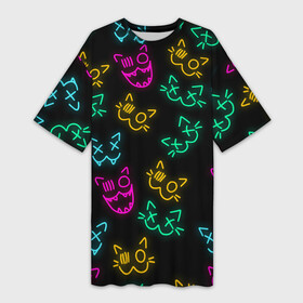 Платье-футболка 3D с принтом НЕОНОВЫЕ КОТИКИ  NEON FACES CATS в Тюмени,  |  | animals | cats | color cats | kitty | neon cats | neon kitty | животные | звери | коты | кошки | неон | неон котики | неоновые коты | радужные коты