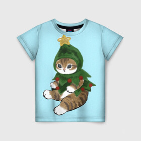 Детская футболка 3D с принтом Кот ёлочка в Тюмени, 100% гипоаллергенный полиэфир | прямой крой, круглый вырез горловины, длина до линии бедер, чуть спущенное плечо, ткань немного тянется | арт | арт с котом | в подарок | для детей | для ребенка | елка | забавный кот | иллюстрация | илюстрация | к новому году | кот | кот в костюме | коты | кошка | кошки | красивый кот | милые животные | на