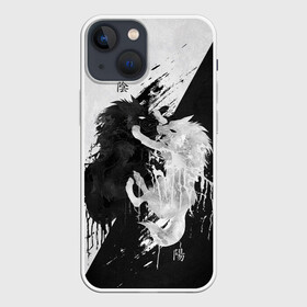 Чехол для iPhone 13 mini с принтом ИНЬ ЯНЬ ВОЛКИ ЧЁРНО БЕЛЫЙ в Тюмени,  |  | japan | wild hunt | wolf | yin yang | белый волк | волки | дикие охотники | животные | звери | иероглифы | инь янь | инь янь волки | охота | чёрно белое | чёрный волк | япония