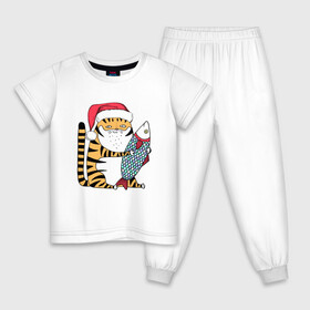 Детская пижама хлопок с принтом Тигр с большой рыбой в Тюмени, 100% хлопок |  брюки и футболка прямого кроя, без карманов, на брюках мягкая резинка на поясе и по низу штанин
 | Тематика изображения на принте: 2022 | год тигра | новый год | новый год 2022 | символ года | тигр | тигренок | тигрица | тигры