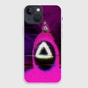 Чехол для iPhone 13 mini с принтом Squid game glitch в Тюмени,  |  | Тематика изображения на принте: abstraction | glitch | squid game | абстракция | глитч | глич | игра в кальмара | игра кальмара | маска | маска с треугольником | разводы | розовый костюм | треугольник | узоры