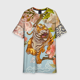 Детское платье 3D с принтом Китайский тигр | Символ 2022 года в Тюмени, 100% полиэстер | прямой силуэт, чуть расширенный к низу. Круглая горловина, на рукавах — воланы | Тематика изображения на принте: 2022 | 2022 тигр | восточный тигр | восточный узор | иероглиф тигра | китай | китайский пейзаж | китайский тигр | новый год | тигр | тигр 2022 | тигр китайский
