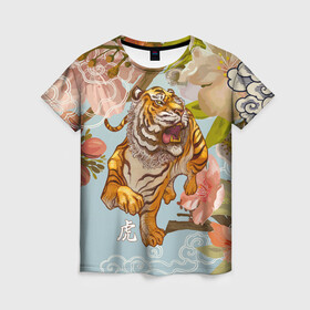 Женская футболка 3D с принтом Китайский тигр | Символ 2022 года в Тюмени, 100% полиэфир ( синтетическое хлопкоподобное полотно) | прямой крой, круглый вырез горловины, длина до линии бедер | 2022 | 2022 тигр | восточный тигр | восточный узор | иероглиф тигра | китай | китайский пейзаж | китайский тигр | новый год | тигр | тигр 2022 | тигр китайский