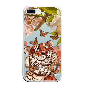 Чехол для iPhone 7Plus/8 Plus матовый с принтом Тигр и бабочки в Тюмени, Силикон | Область печати: задняя сторона чехла, без боковых панелей | 2022 | 2022 тигр | бабочка | бабочка и тигр | бабочки | восточный тигр | восточный узор | иероглиф тигра | китай | китайский пейзаж | китайский тигр | новый год | тигр | тигр 2022 | тигр и бабочка