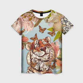 Женская футболка 3D с принтом Тигр и бабочки в Тюмени, 100% полиэфир ( синтетическое хлопкоподобное полотно) | прямой крой, круглый вырез горловины, длина до линии бедер | 2022 | 2022 тигр | бабочка | бабочка и тигр | бабочки | восточный тигр | восточный узор | иероглиф тигра | китай | китайский пейзаж | китайский тигр | новый год | тигр | тигр 2022 | тигр и бабочка