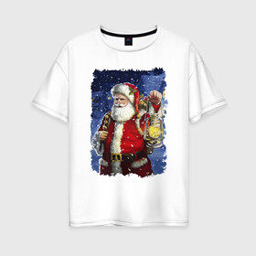Женская футболка хлопок Oversize с принтом Santa Claus shines a lantern в Тюмени, 100% хлопок | свободный крой, круглый ворот, спущенный рукав, длина до линии бедер
 | beard | blizard | eyes | holiday | lantern | merry christmas | moustache | new year | santa klaus | snow | борода | глаза | дед мороз | новый год | очки | праздник | пурга | рождество | снег | усы | фонарь
