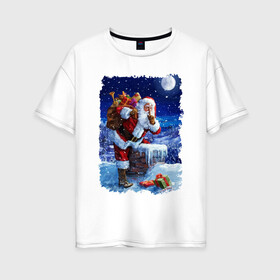 Женская футболка хлопок Oversize с принтом Дед Мороз с подарками на крыше в Тюмени, 100% хлопок | свободный крой, круглый ворот, спущенный рукав, длина до линии бедер
 | beard | chimney | gifts | icicles | moustache | new year | night | roof | santa klaus | snow | winter | борода | дед мороз | зима | крыша | новый год | ночь | подарки | снег | сосульки | труба | усы