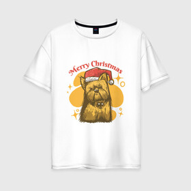 Женская футболка хлопок Oversize с принтом Merry Christmas в Тюмени, 100% хлопок | свободный крой, круглый ворот, спущенный рукав, длина до линии бедер
 | art | christmas | dog | drawing | hat | new year | stars | арт | звезды | новый год | пес | рисунок | рождество | собака | собака в шапке