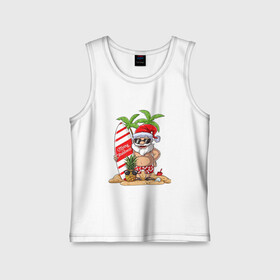 Детская майка хлопок с принтом Santa on Vibe в Тюмени,  |  | art | beach | christmas | new year | palm trees | pineapple | sand | santa | santa claus | surfing | vibe | ананас | арт | вайб | новый год | пальмы | песок | пляж | рождество | санта | санта клаус | серфинг