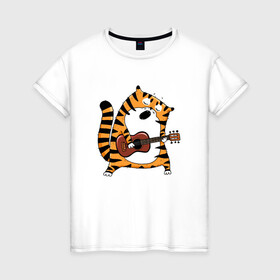 Женская футболка хлопок с принтом Тигр играет на гитаре в Тюмени, 100% хлопок | прямой крой, круглый вырез горловины, длина до линии бедер, слегка спущенное плечо | 2022 | год тигра | новый год | новый год 2022 | символ года | тигр | тигренок | тигрица | тигры
