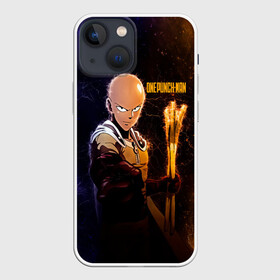 Чехол для iPhone 13 mini с принтом Космический Сайтама One Punch Man в Тюмени,  |  | Тематика изображения на принте: hagemanto | one punch man | one punchman | onepunchman | saitama | sensei | аниме | ван панч мен | ванпанчмен | лысый плащ | манга | сайтама | сильнейший человек | учитель | человек одинудар | человек одного удара