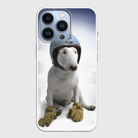 Чехол для iPhone 13 Pro с принтом Bully   легендарный гонщик в Тюмени,  |  | Тематика изображения на принте: bull terrier | dog | flag | gloves | helmet | motorsport | muzzle | paws | racer | автоспорт | бультерьер | гонщик | лапы | перчатки | собака | флаг | шлем