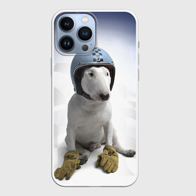 Чехол для iPhone 13 Pro Max с принтом Bully   легендарный гонщик в Тюмени,  |  | Тематика изображения на принте: bull terrier | dog | flag | gloves | helmet | motorsport | muzzle | paws | racer | автоспорт | бультерьер | гонщик | лапы | перчатки | собака | флаг | шлем