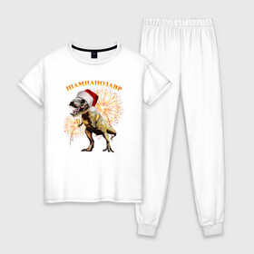 Женская пижама хлопок с принтом Новогодний шампанозавр в Тюмени, 100% хлопок | брюки и футболка прямого кроя, без карманов, на брюках мягкая резинка на поясе и по низу штанин | бокалы | динозавр | праздник | салют | шапка