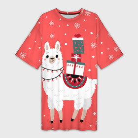 Платье-футболка 3D с принтом Лама. Новый год в Тюмени,  |  | 2022 | christmas | llama | new year | альпака | животные | звери | зверюшки | кавай | лама | милота | милый | нг | новогодний | новый год | рождество