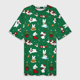 Платье-футболка 3D с принтом Новогодний паттерн с зайчиками в Тюмени,  |  | 2022 | christmas | new year | животные | зайчик | заяц | звери | зверюшки | кавай | милота | милый | нг | новогодний | новый год | паттерн | рождество
