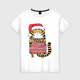 Женская футболка хлопок с принтом Недовольный повар   тигр в Тюмени, 100% хлопок | прямой крой, круглый вырез горловины, длина до линии бедер, слегка спущенное плечо | 2022 | год тигра | новый год | новый год 2022 | символ года | тигр | тигренок | тигрица | тигры