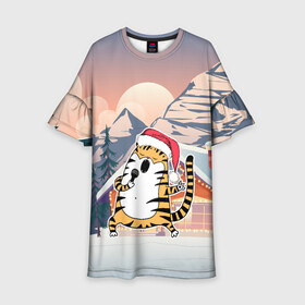 Детское платье 3D с принтом Тигр поет песни в караоке в Тюмени, 100% полиэстер | прямой силуэт, чуть расширенный к низу. Круглая горловина, на рукавах — воланы | 2022 | год тигра | новый год | новый год 2022 | символ года | тигр | тигренок | тигрица | тигры