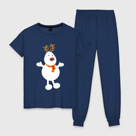 Женская пижама хлопок с принтом Олень снеговик 01 в Тюмени, 100% хлопок | брюки и футболка прямого кроя, без карманов, на брюках мягкая резинка на поясе и по низу штанин | 2022новыгод | 2023новыгод | василинка | дед мороз | ёлки | новый год | олень | снегови | снеговик олень