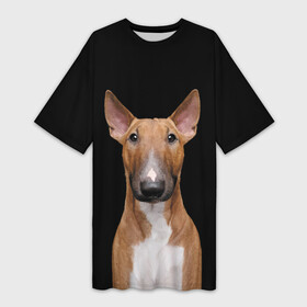 Платье-футболка 3D с принтом Строгий смелый взгляд в Тюмени,  |  | bull terrier | dog | ears | eyes | muzzle | view | бультерьер | взгляд | глаза | пёс | собака | уши