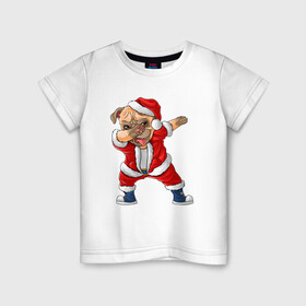 Детская футболка хлопок с принтом Новогодний Мопс  Даб   Mops Dabbing в Тюмени, 100% хлопок | круглый вырез горловины, полуприлегающий силуэт, длина до линии бедер | christmas | dab | dabbing | mops | santa | даб | даббинг | дед мороз | мопс | новый год | рождество | санта