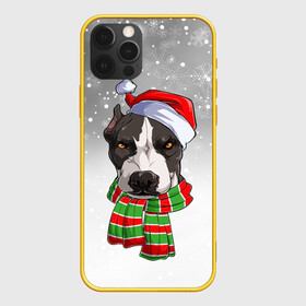 Чехол для iPhone 12 Pro с принтом Новогодний Питбуль   New Years Pit bull в Тюмени, силикон | область печати: задняя сторона чехла, без боковых панелей | Тематика изображения на принте: christmas | dog | pit bull | santa | дед мороз | зима | новый год | питбуль | рождество | санта | снег | снежинка | собака | собачка | щенок