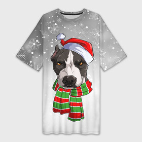 Платье-футболка 3D с принтом Новогодний Питбуль  New Year s Pit bull в Тюмени,  |  | christmas | dog | pit bull | santa | дед мороз | зима | новый год | питбуль | рождество | санта | снег | снежинка | собака | собачка | щенок