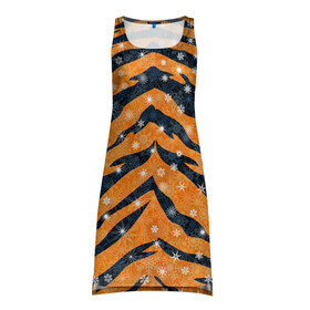 Платье-майка 3D с принтом Новогодняя шкура тигра в Тюмени, 100% полиэстер | полуприлегающий силуэт, широкие бретели, круглый вырез горловины, удлиненный подол сзади. | 2022 | новый год | оранжевый | полосатый | полоски | полосы | снег | снежинки | тгриный | тигр