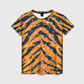 Женская футболка 3D с принтом Новогодняя шкура тигра в Тюмени, 100% полиэфир ( синтетическое хлопкоподобное полотно) | прямой крой, круглый вырез горловины, длина до линии бедер | 2022 | новый год | оранжевый | полосатый | полоски | полосы | снег | снежинки | тгриный | тигр