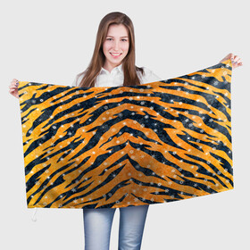 Флаг 3D с принтом Новогодняя шкура тигра в Тюмени, 100% полиэстер | плотность ткани — 95 г/м2, размер — 67 х 109 см. Принт наносится с одной стороны | 2022 | новый год | оранжевый | полосатый | полоски | полосы | снег | снежинки | тгриный | тигр