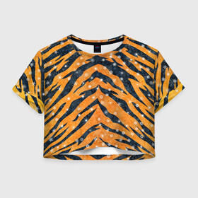 Женская футболка Crop-top 3D с принтом Новогодняя шкура тигра в Тюмени, 100% полиэстер | круглая горловина, длина футболки до линии талии, рукава с отворотами | 2022 | новый год | оранжевый | полосатый | полоски | полосы | снег | снежинки | тгриный | тигр