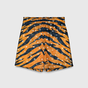 Детские спортивные шорты 3D с принтом Новогодняя шкура тигра в Тюмени,  100% полиэстер
 | пояс оформлен широкой мягкой резинкой, ткань тянется
 | Тематика изображения на принте: 2022 | новый год | оранжевый | полосатый | полоски | полосы | снег | снежинки | тгриный | тигр