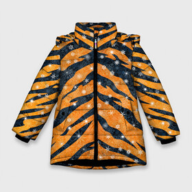 Зимняя куртка для девочек 3D с принтом Новогодняя шкура тигра в Тюмени, ткань верха — 100% полиэстер; подклад — 100% полиэстер, утеплитель — 100% полиэстер. | длина ниже бедра, удлиненная спинка, воротник стойка и отстегивающийся капюшон. Есть боковые карманы с листочкой на кнопках, утяжки по низу изделия и внутренний карман на молнии. 

Предусмотрены светоотражающий принт на спинке, радужный светоотражающий элемент на пуллере молнии и на резинке для утяжки. | 2022 | новый год | оранжевый | полосатый | полоски | полосы | снег | снежинки | тгриный | тигр